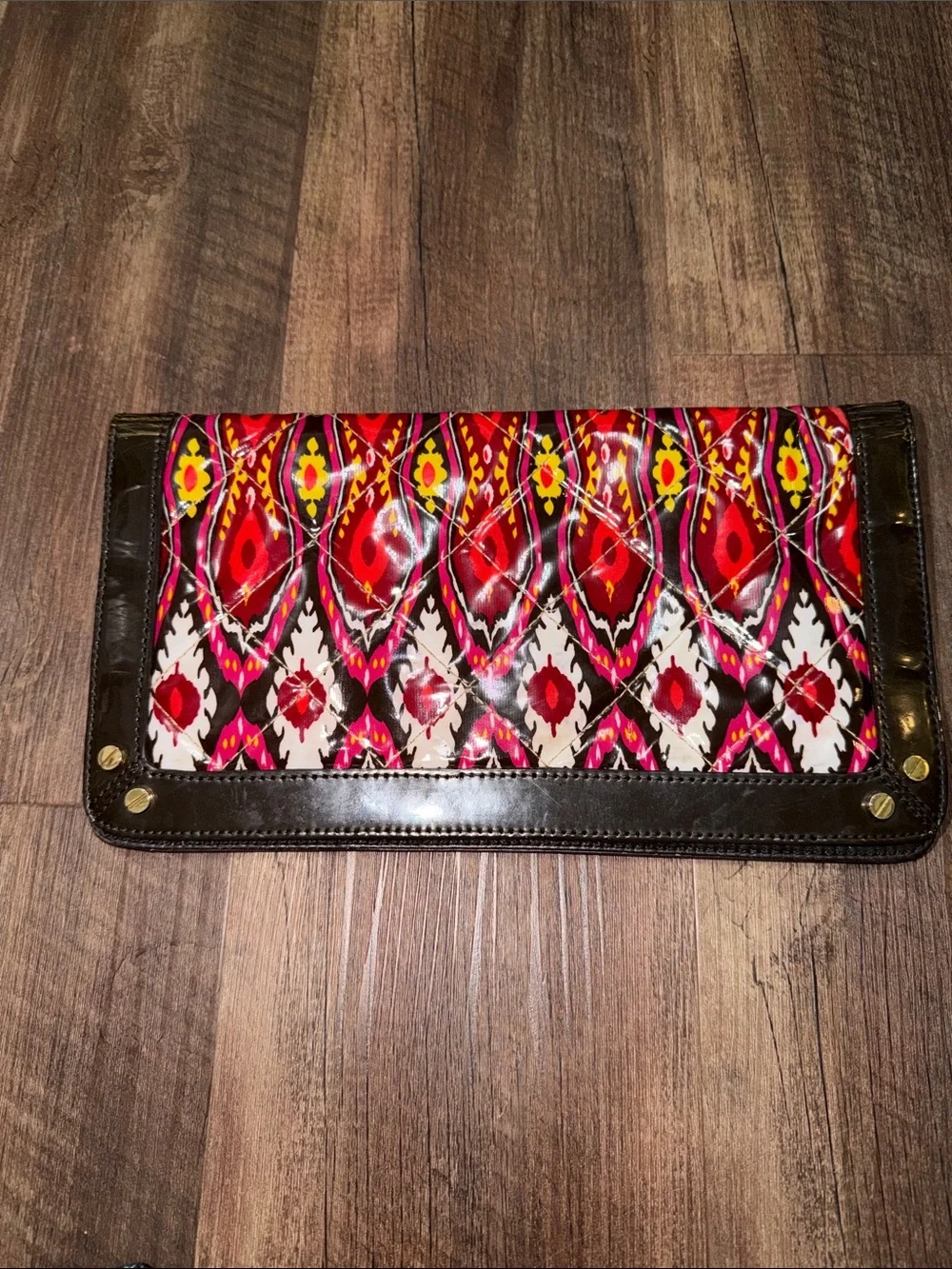Tory Burch Red Multicolor Printed Patent Leather Clutch with Gold Logo